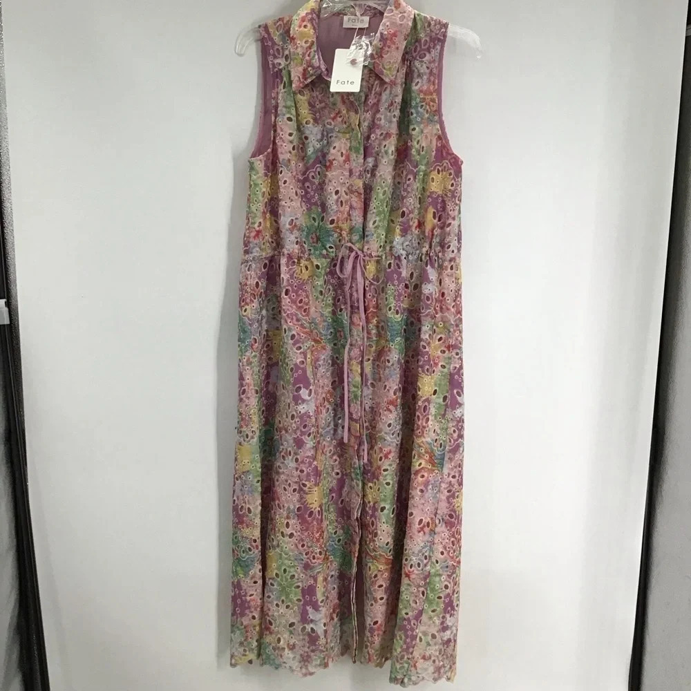 Fate Women’s Eyelet Lace Button-Down Dress Casual Summer NWT Size Small - Picture 2 of 10